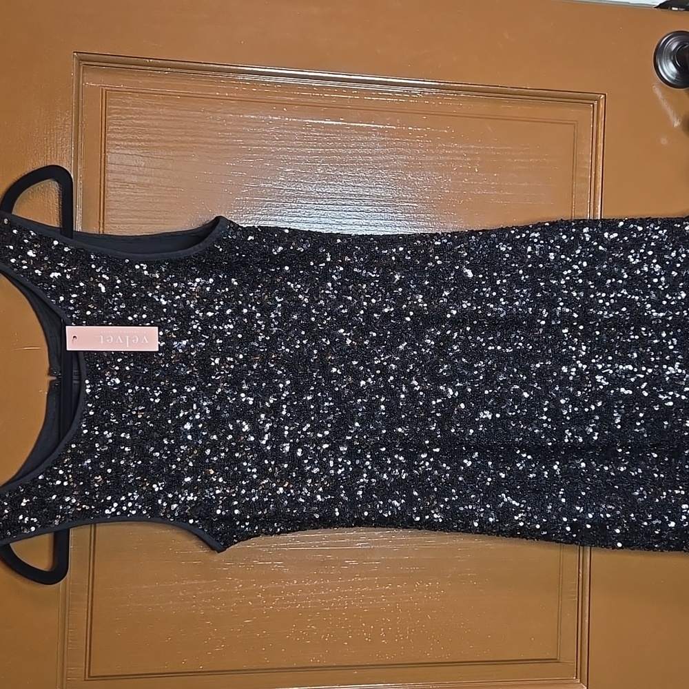 Velvet-Sequin black tank style sleeveless short dress Sz S NWT.
